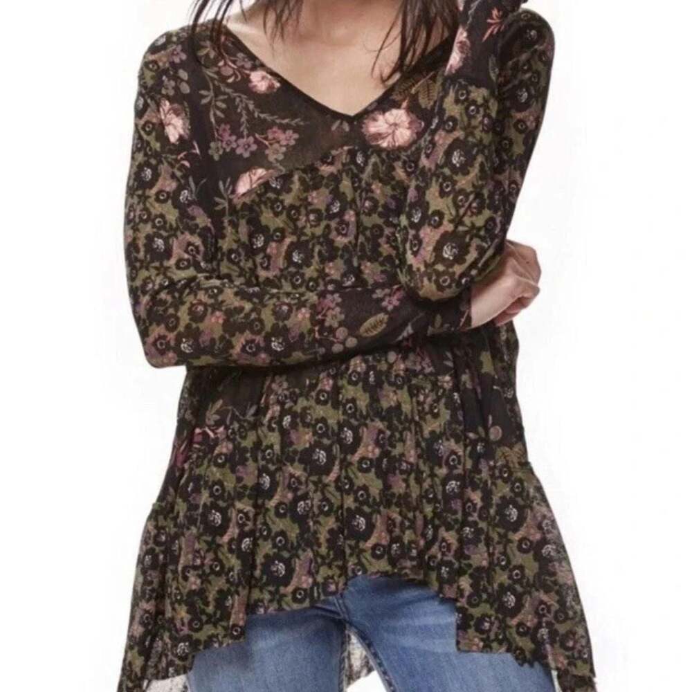 Free People Tiered Floral V-Neck Tunic Blouse